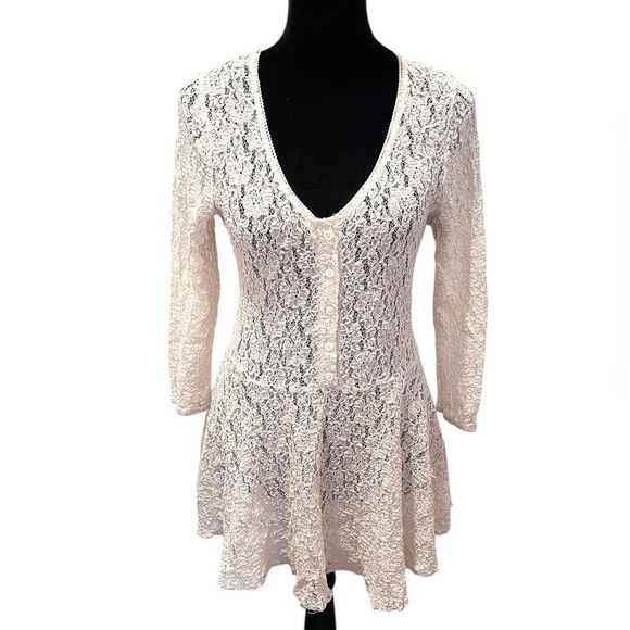 vintage Dresses & Skirts - Free People Lace Babydoll Tunic Button Sheer Mini Dress Romantic Coquette Medium